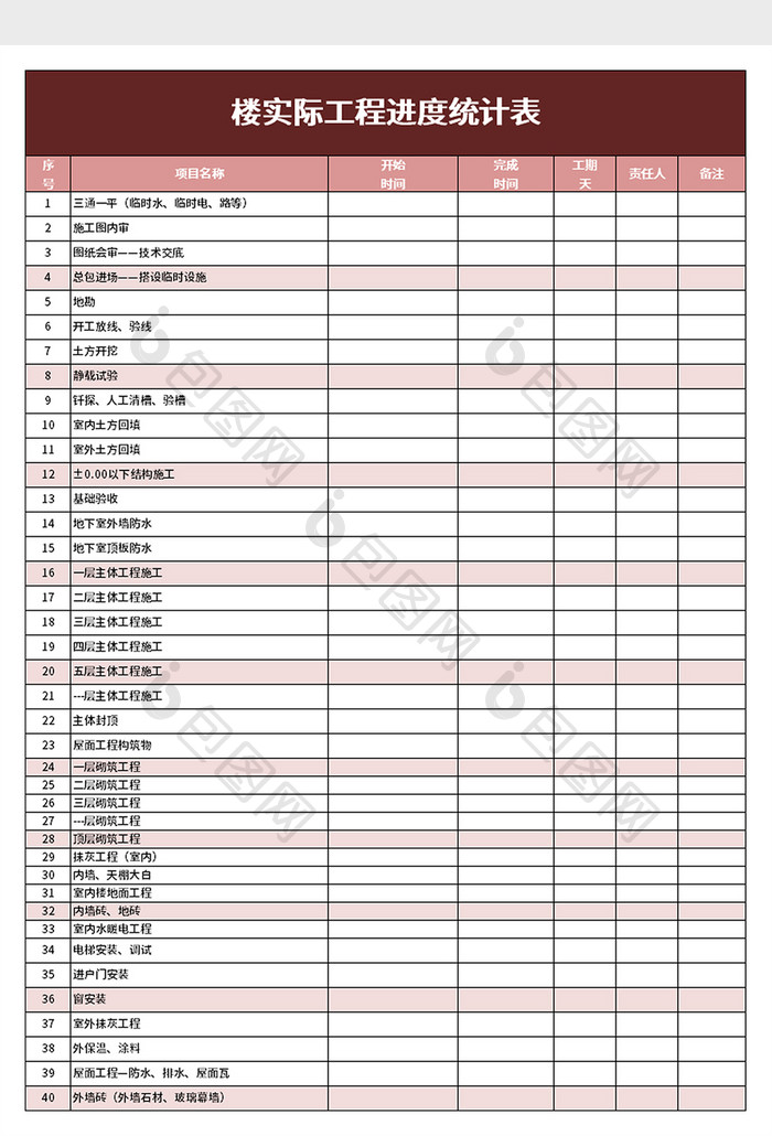 楼实际工程进度统计表excel模板