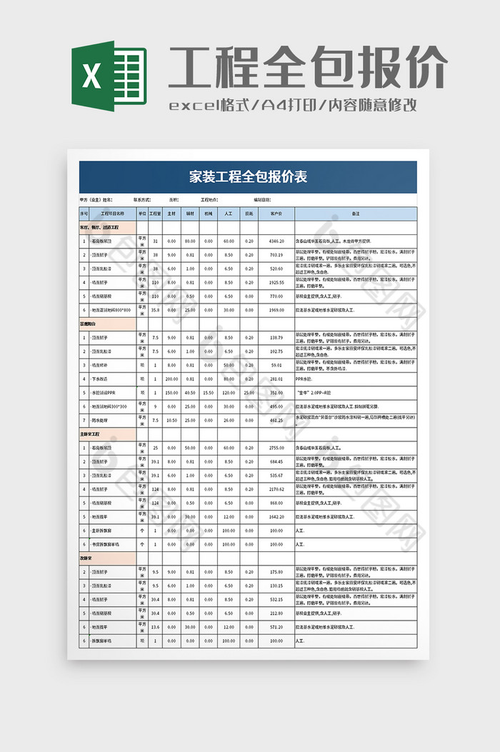 家装工程全包报价表excel模板图片图片