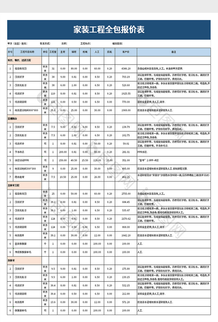 家装工程全包报价表excel模板