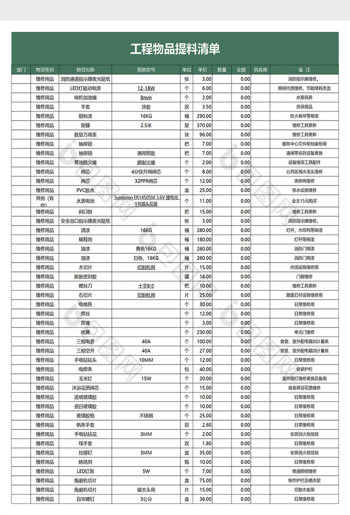 工程物品提料清单excel模板