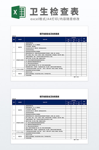 餐厅卫生检查表合格检测表Excel模板