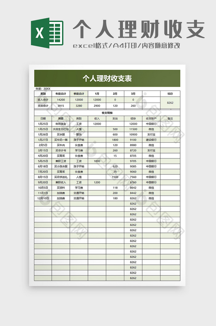 个人理财收支表excel模板