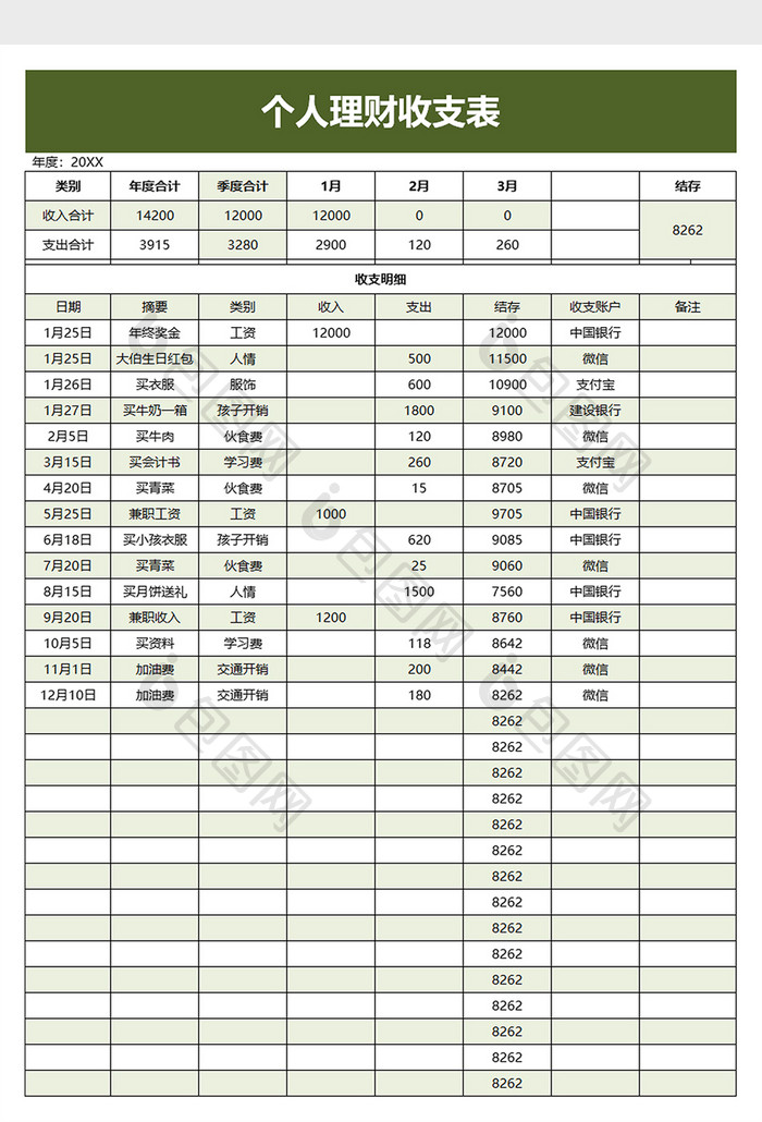 个人理财收支表excel模板