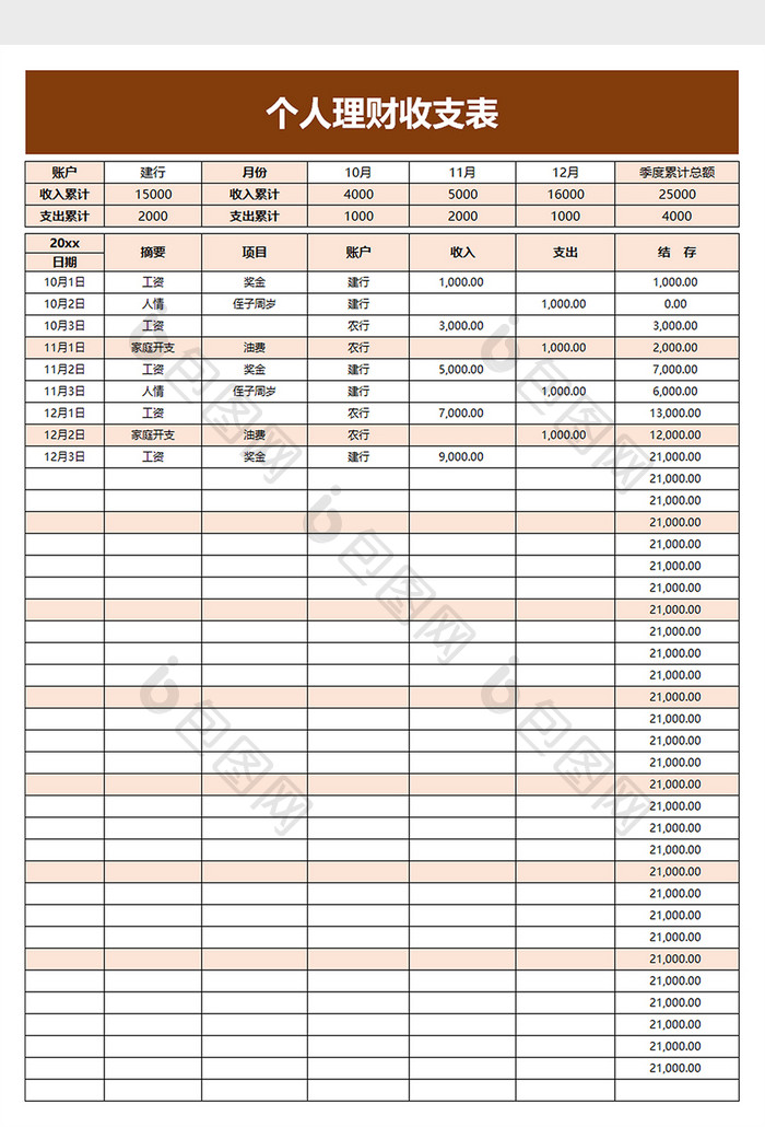 简洁个人理财收支表excel模板