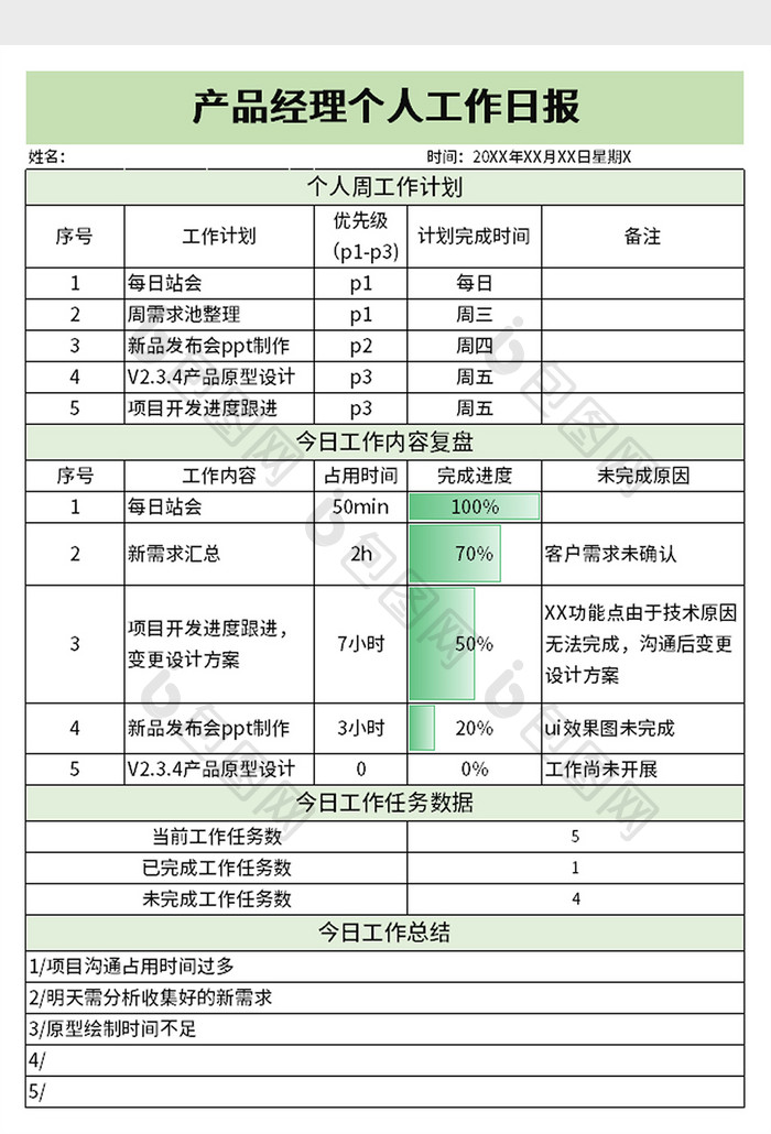 个人工作日报excel模板