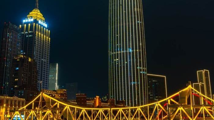 城市4K实拍天津海河解放桥车流地标夜景