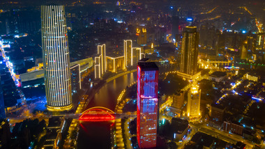 城市4K航拍天津海河风光夜景灯光秀延时