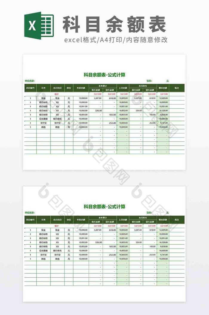 自动化带公式财务企业科目余额表模板