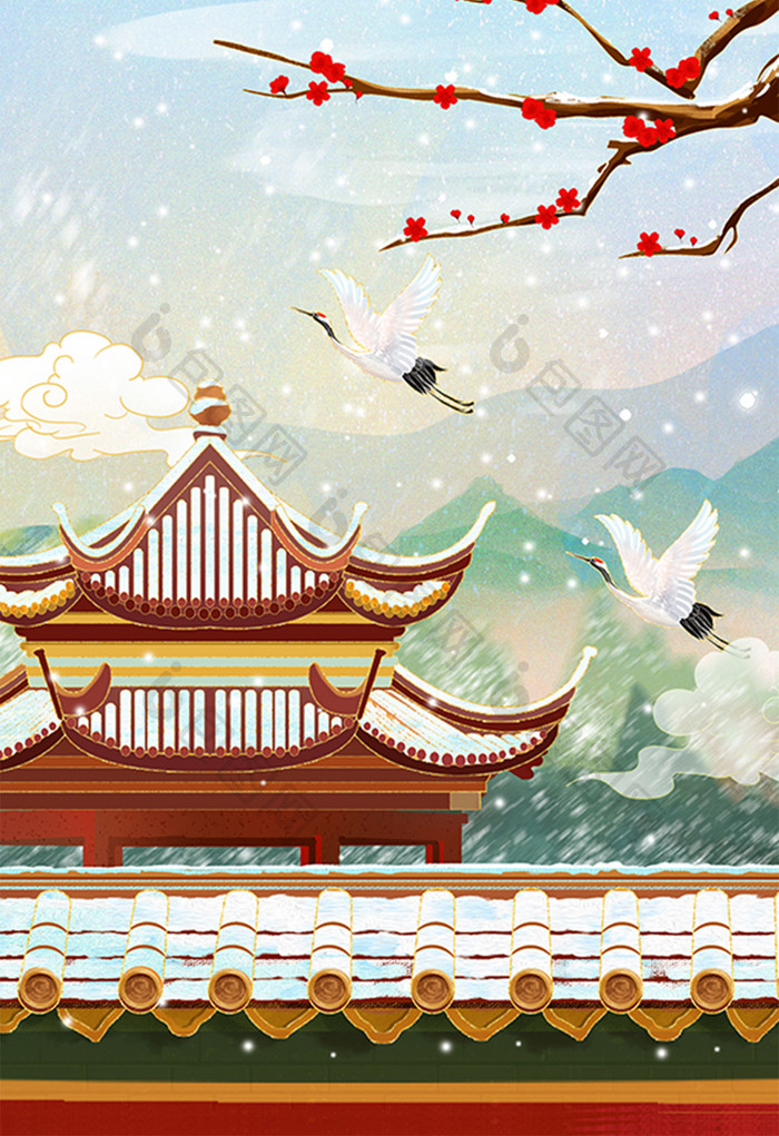中国风国潮大雪冬季节气海报插画