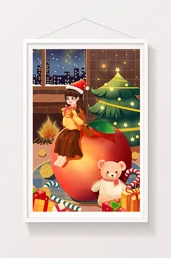 唯美温馨平安夜圣诞少女海报插画图片