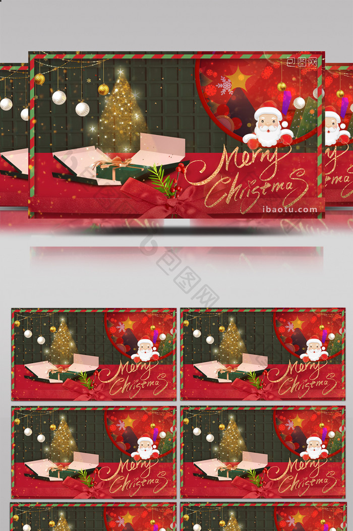 圣诞节创意礼盒圣诞树金色粒子雪花背景视频