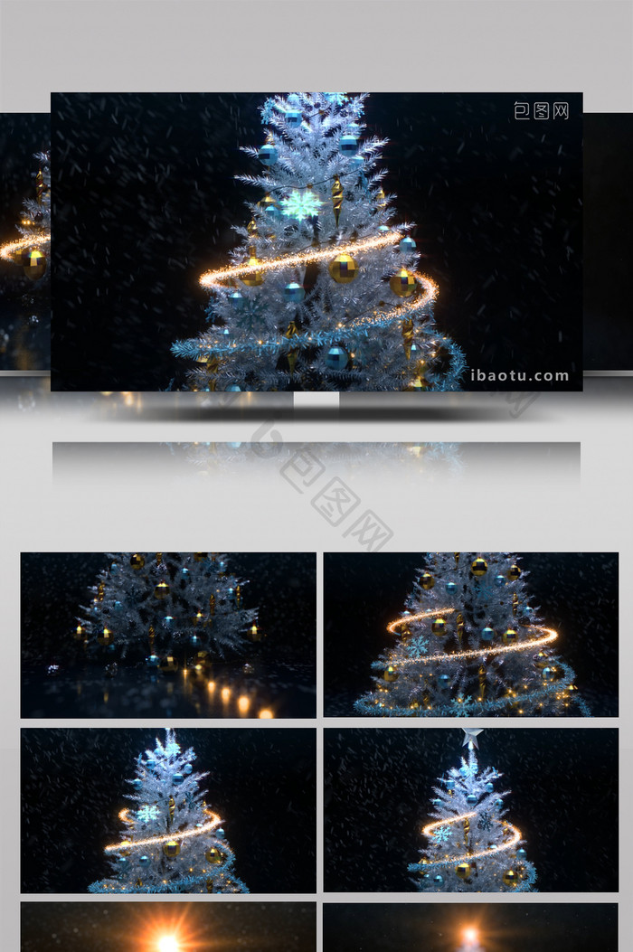 雪花粒子光线盘旋圣诞树片头动画AE模板