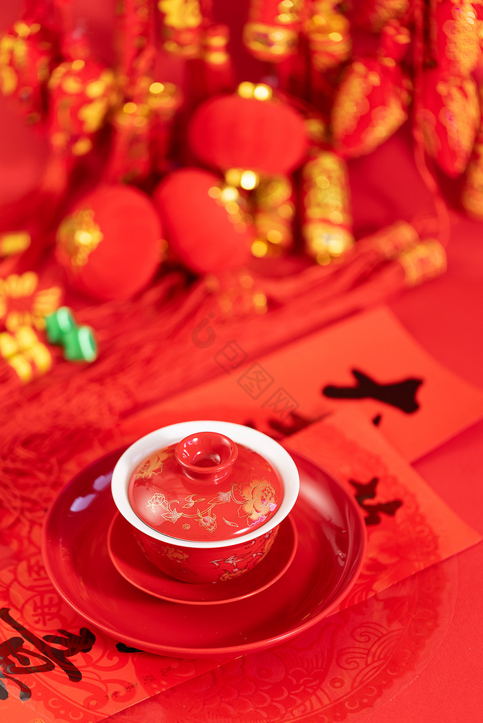 红色茶碗新年喜庆红色海报图片