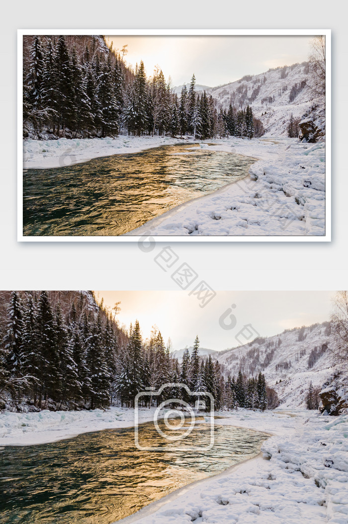 新疆森林峡谷河流雪景