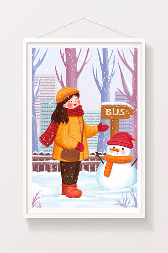卡通可爱冬季雪天出门的女孩图片