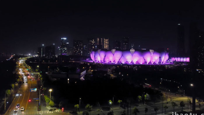 城市地标夜景杭州亚运会奥体中心4K航拍