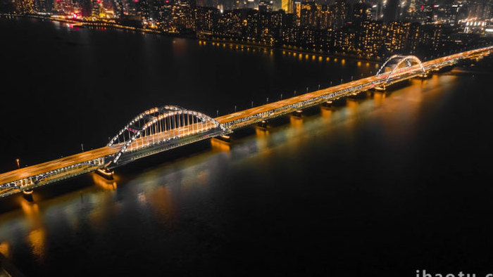 地标车流城市夜景杭州复兴大桥4K航拍延时