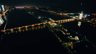 城市地标实拍湖南长沙橘子洲头夜景航拍视频