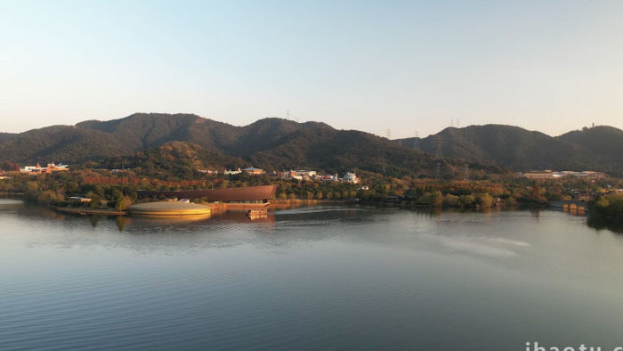 风景杭州湘湖景区跨湖桥遗址博物馆4K航拍