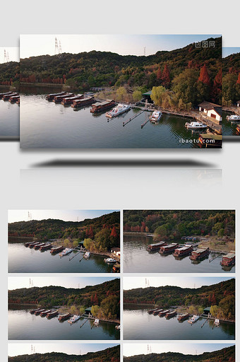 风景杭州湘湖游船船舶杨堤秋季风光4K航拍图片