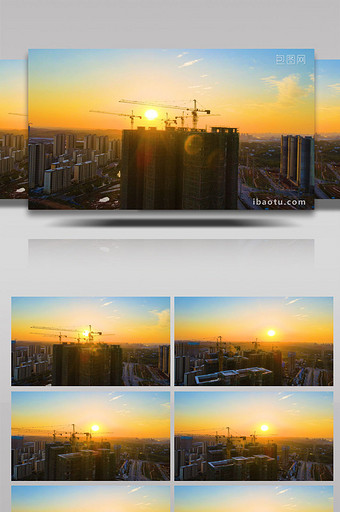 夕阳日落下塔吊剪影4K航拍图片
