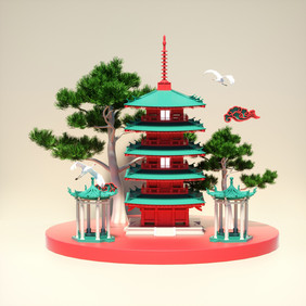 中国古风建筑艺术造型C4D小场景