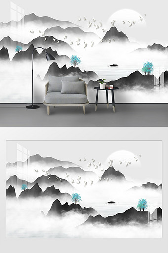 新中式国风手绘水墨意境山水背景墙图片
