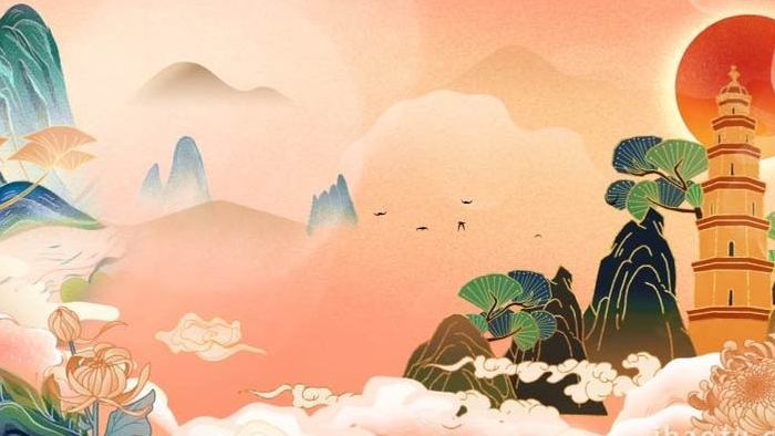 国潮鎏金国风意境橙色山水仙鹤背景视频