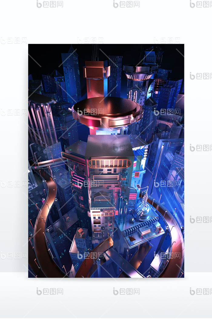 【个性定制赛博朋克科技风格建筑c4d场景】图片下载-包图网