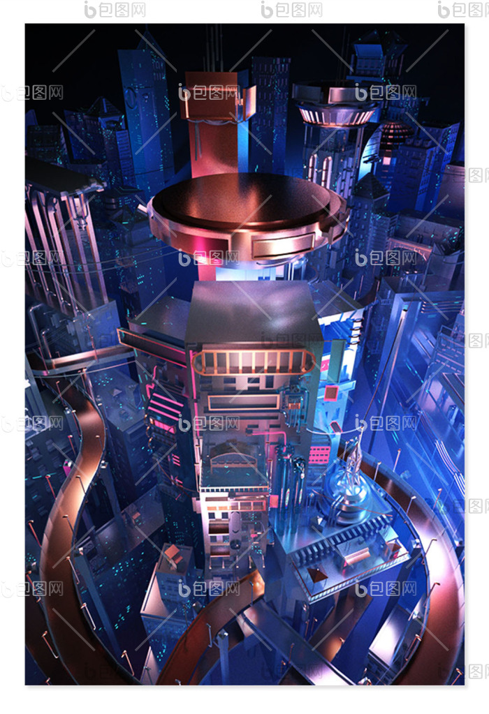 【个性定制赛博朋克科技风格建筑c4d场景】图片下载-包图网