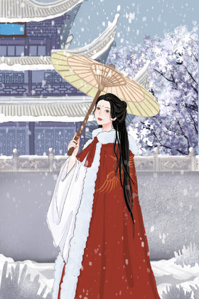 二十四节气小寒撑伞的古代红衣斗篷女子