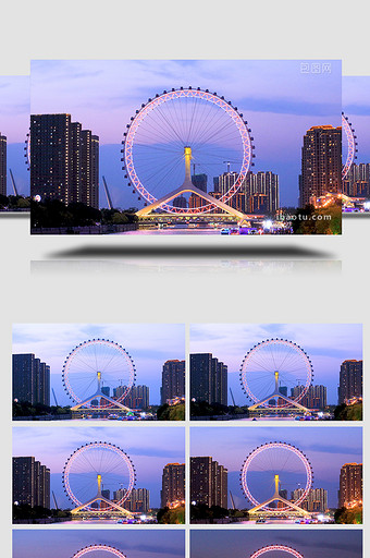 天津之眼唯美大气日转夜延时实拍4K图片
