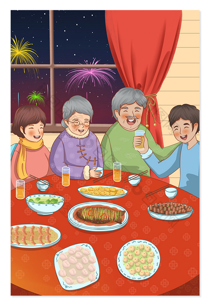 新年年夜饭合家团圆热闹一家人春节