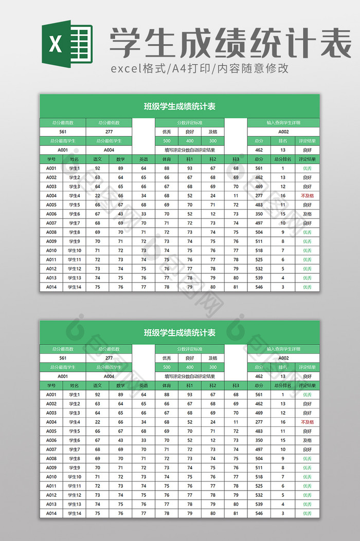 班级学生成绩统计表excel模板