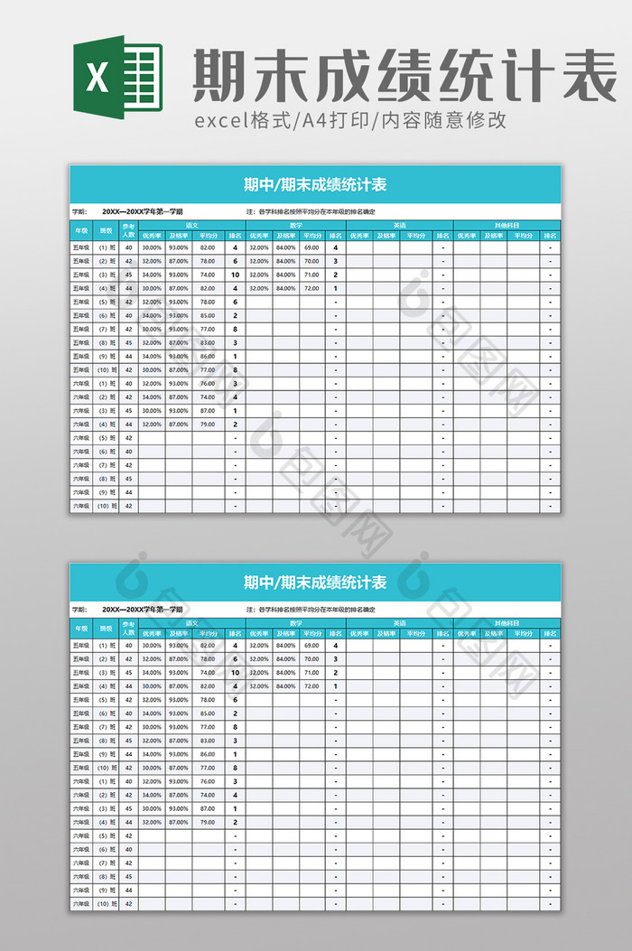 期末成绩统计表excel模板