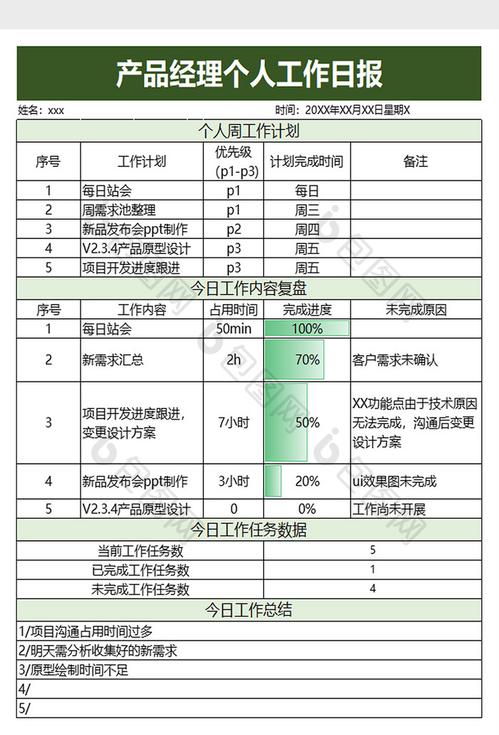 简约个人工作日报excel模板