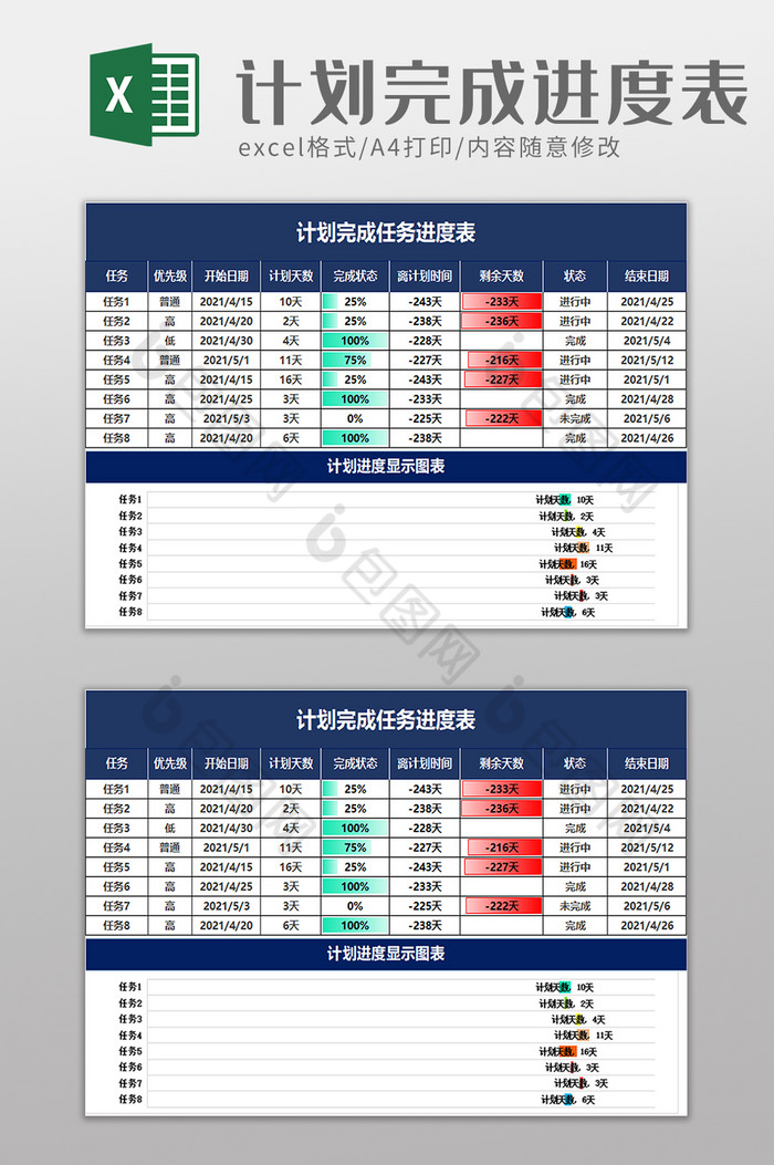 计划完成任务进度表excel模板图片图片