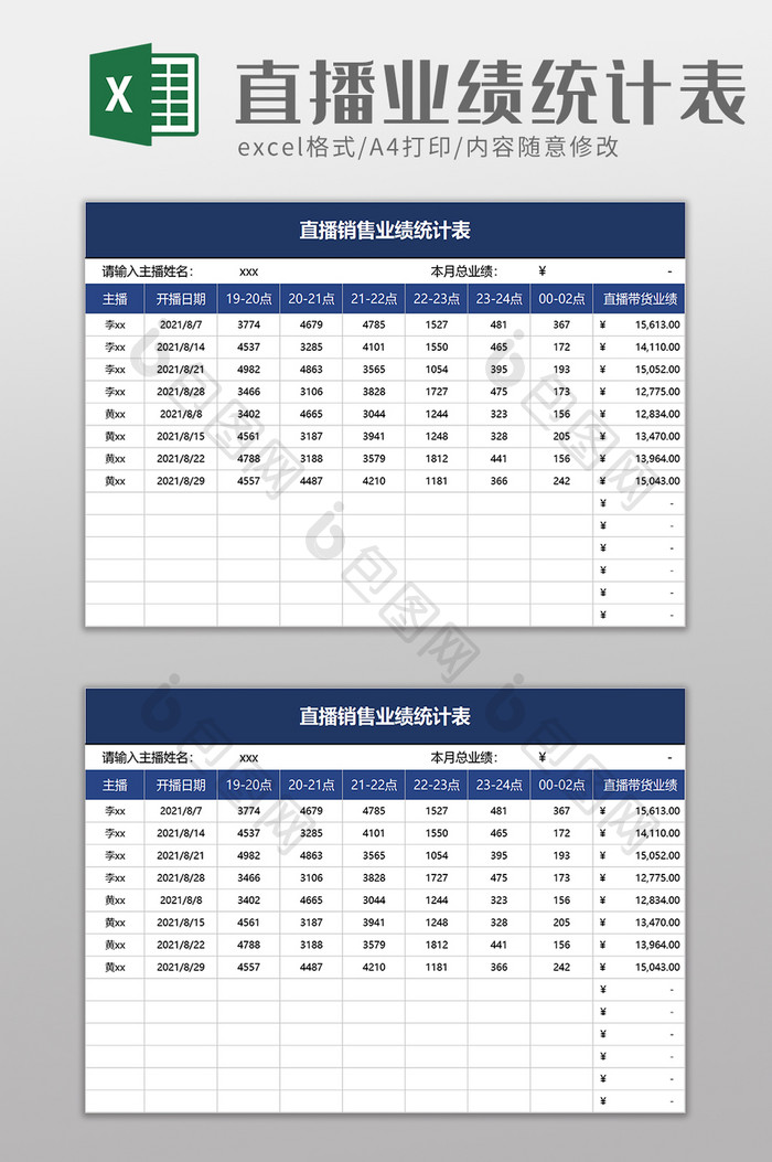 直播销售业绩统计表excel模板