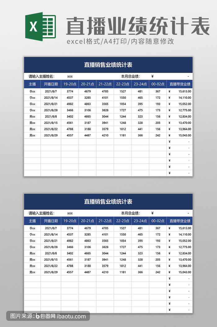 直播銷售業績統計表excel模板,包圖網,圖片,素材,模板,免費