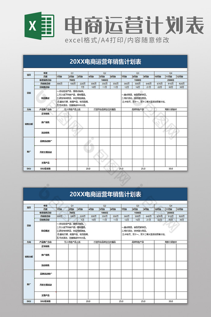 简约电商运营年销售计划表excel模板图片图片