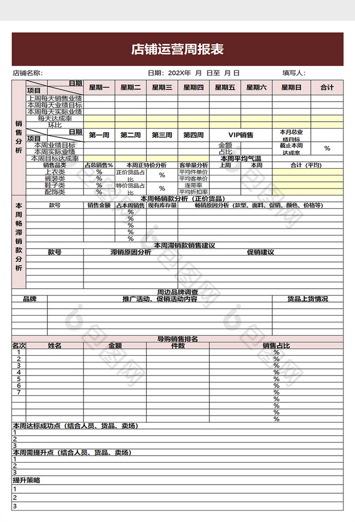 店铺运营周报表excel模板