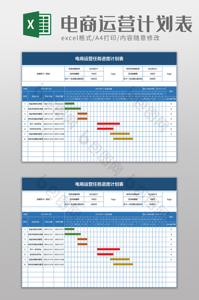 电商运营任务进度计划表excel模板图片图片