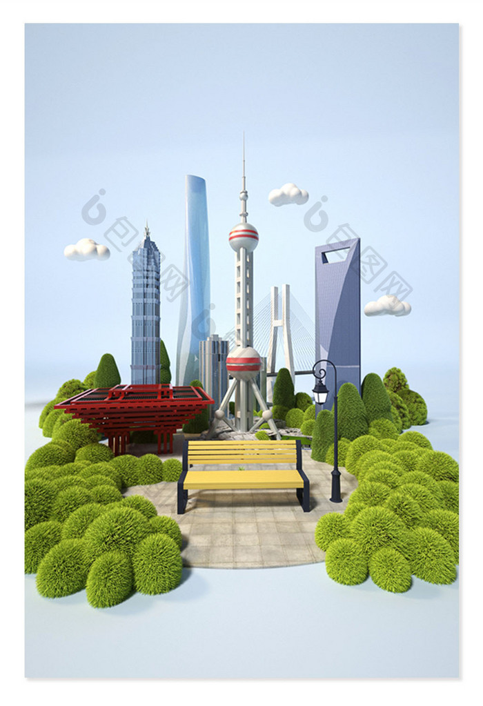个性定制上海地标性建筑主题C4D创意场景