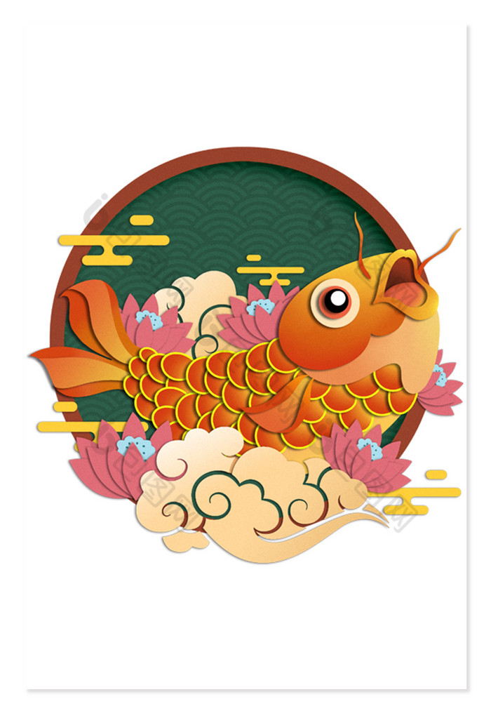 新年国潮手绘锦鲤插画剪纸窗花图片
