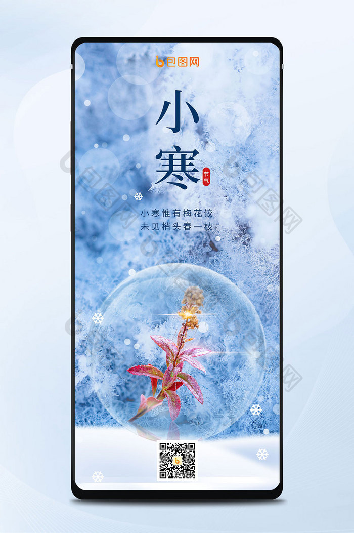 二十四节气之小寒雪花冷霜花朵手机海报图片