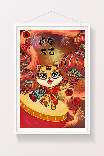 红色喜庆虎年2022春节中国风国潮插画图片