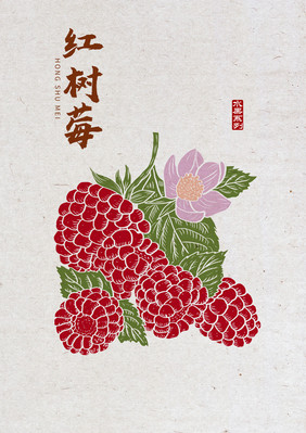 红树莓 手绘树莓  中国风 版画风 水果