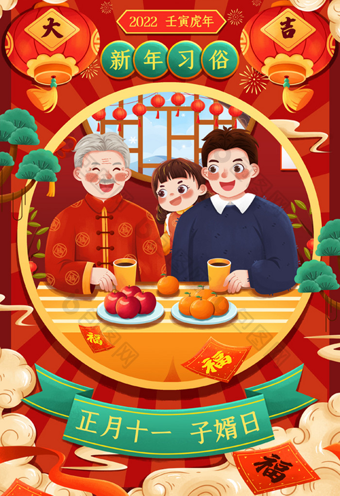 喜庆新年年俗正月十一子婿日春节插画