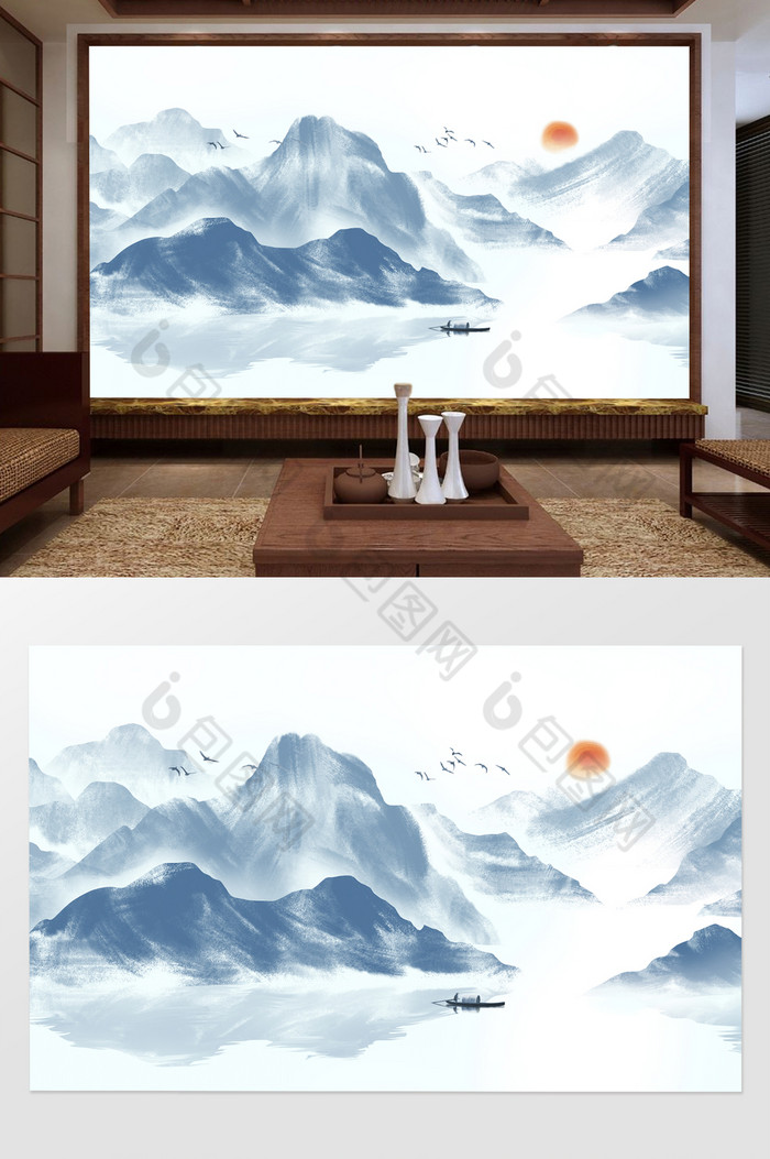 新中式水墨意境山水电视客厅背景墙图片图片
