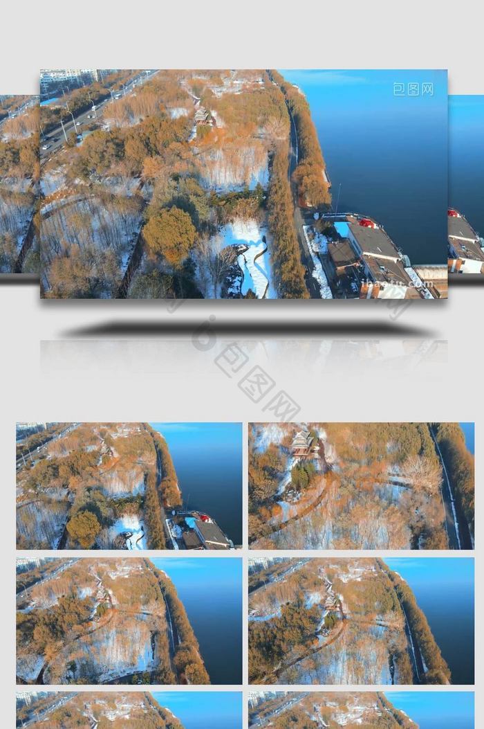 唯美俯瞰北方水上森林公园冬季雪景4K航拍